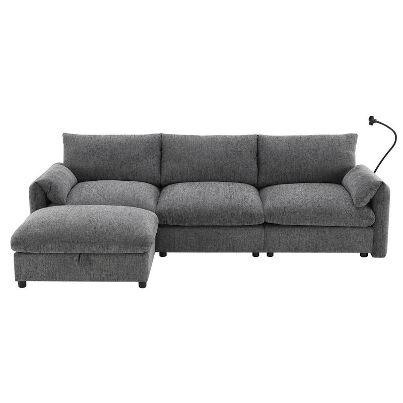 Modern Sectional Sofa with Extra Wide Seats and Charging Console and Storage Ottoman for Living Room and Guest Room