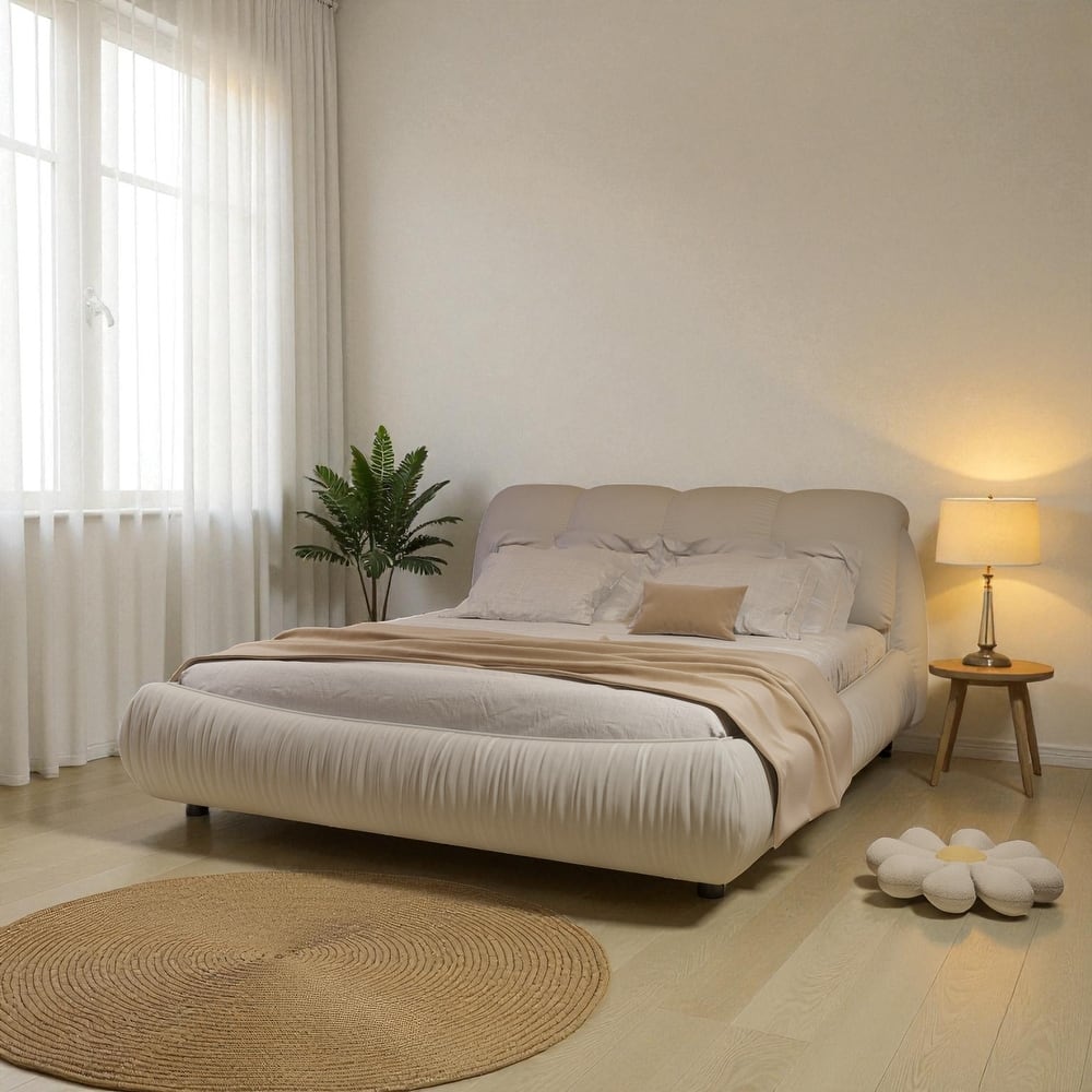 Queen/King Size Luxury Upholstered Platform Bed with Oversized Padded Headboard, Solid Wood Frame & Adjustable Mattress Height