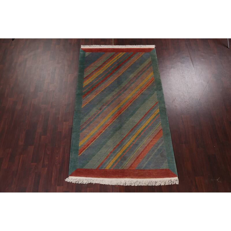 Striped Vegetable Dye Nepalese Wool Area Rug Hand-knotted Foyer Carpet - 5'0" x 8'5"
