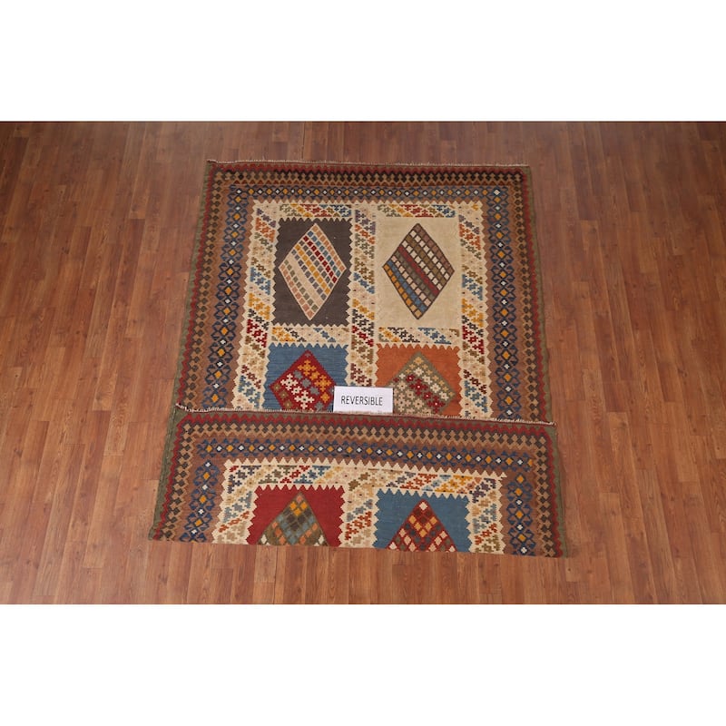Kilim Qashqai Persian Vintage Rug Hand-Woven Beige Wool Carpet - 5'5"x 8'3"