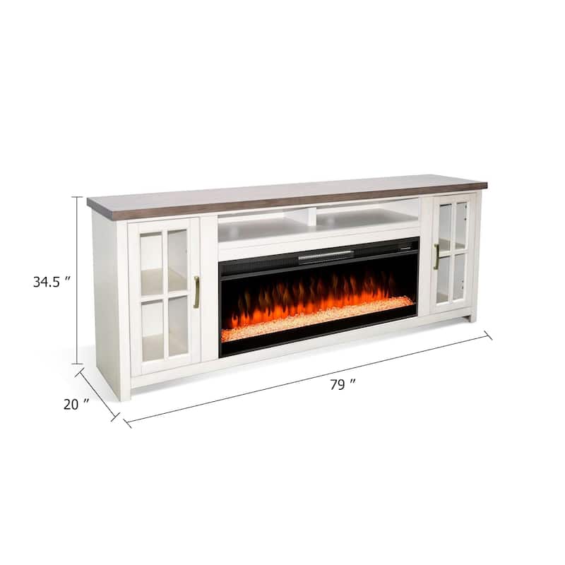 Gery TV Media Console w Crystal Fireplace, 76 Inch, 2 Cabinets, White