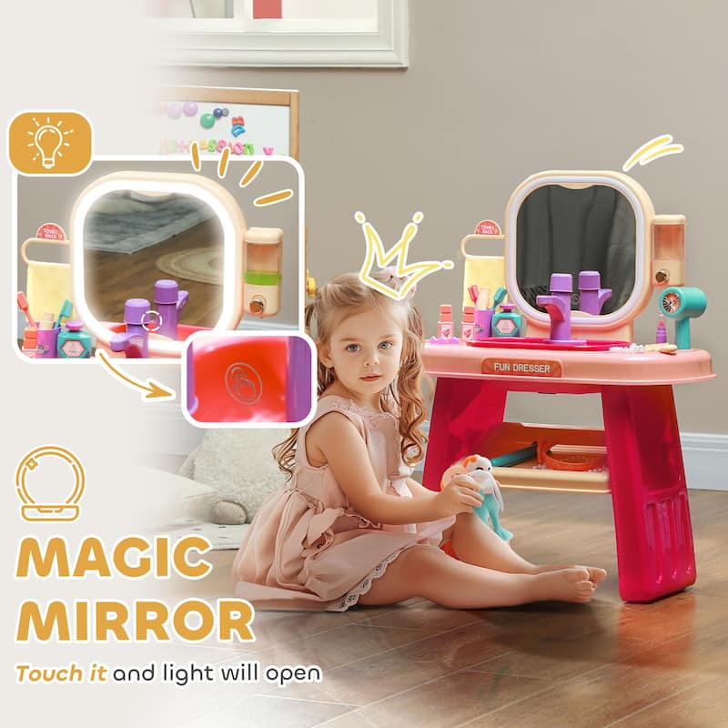 Kids Vanity Set with LED Mirror Interactive Sink and Music Faucet Pretend Play for Ages 3 to 6 - 21.7" L x 11.4" W x 28" H