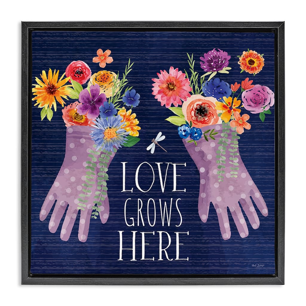 Stupell Love Grows Here Gardening Gloves Framed Floater Canvas Wall Art Design By Nicole DeCamp