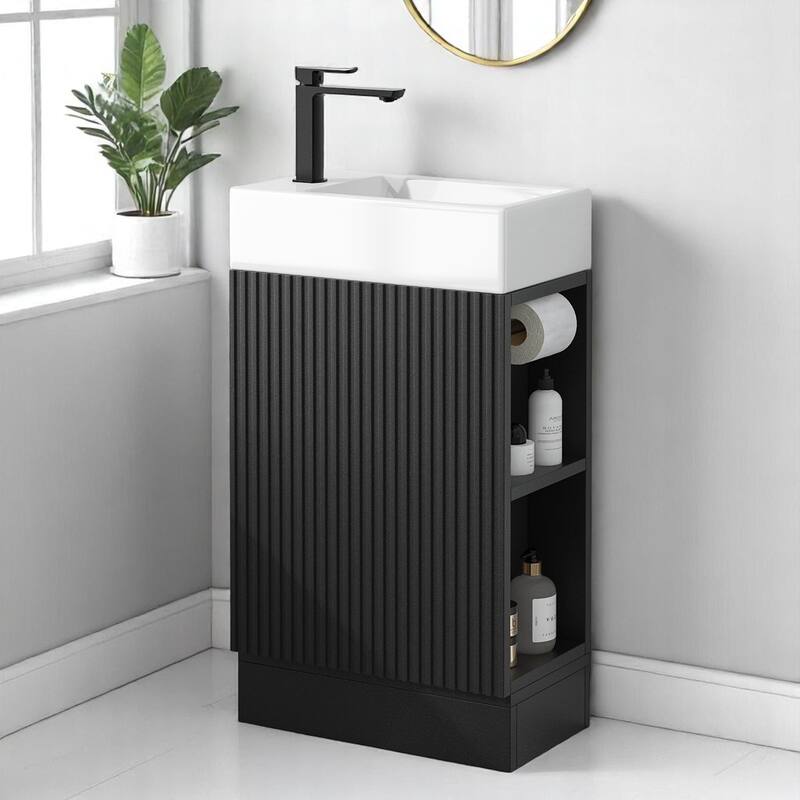 Modern 18.6" Bathroom Vanity with Sink, Two-Tier Shelf, Adjustable Toilet Paper Holder, Freestanding - Black