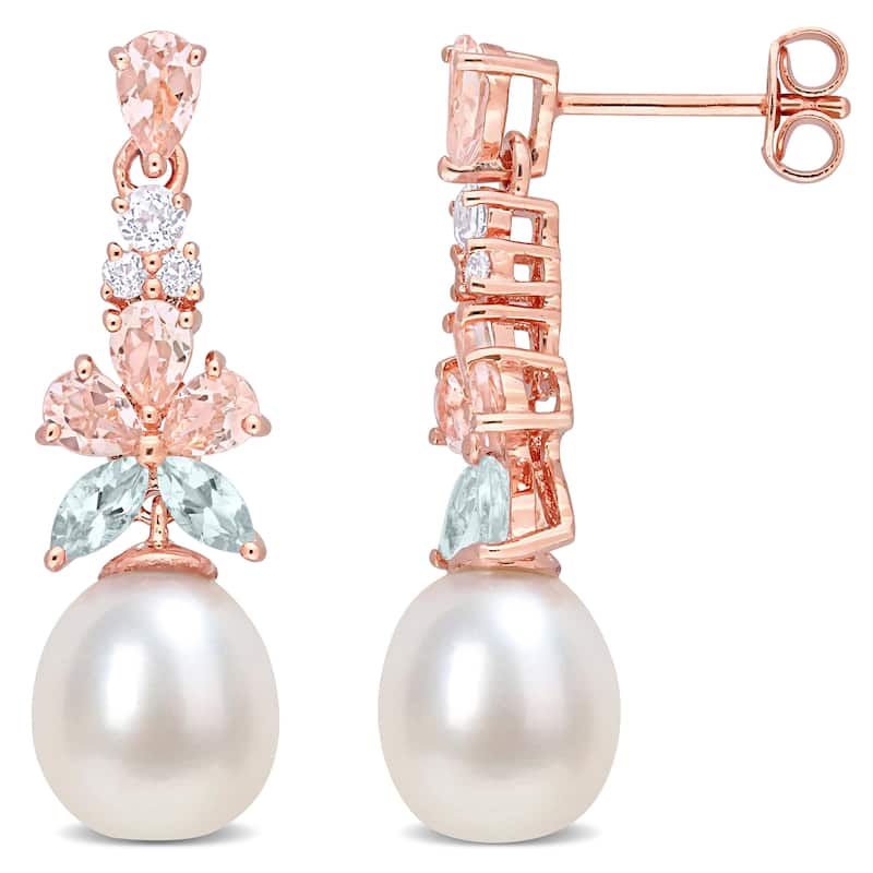 Miadora Freshwater Cultured Pearl Multi-Gemstone Earrings in 18k Rose Plated Sterling Silver