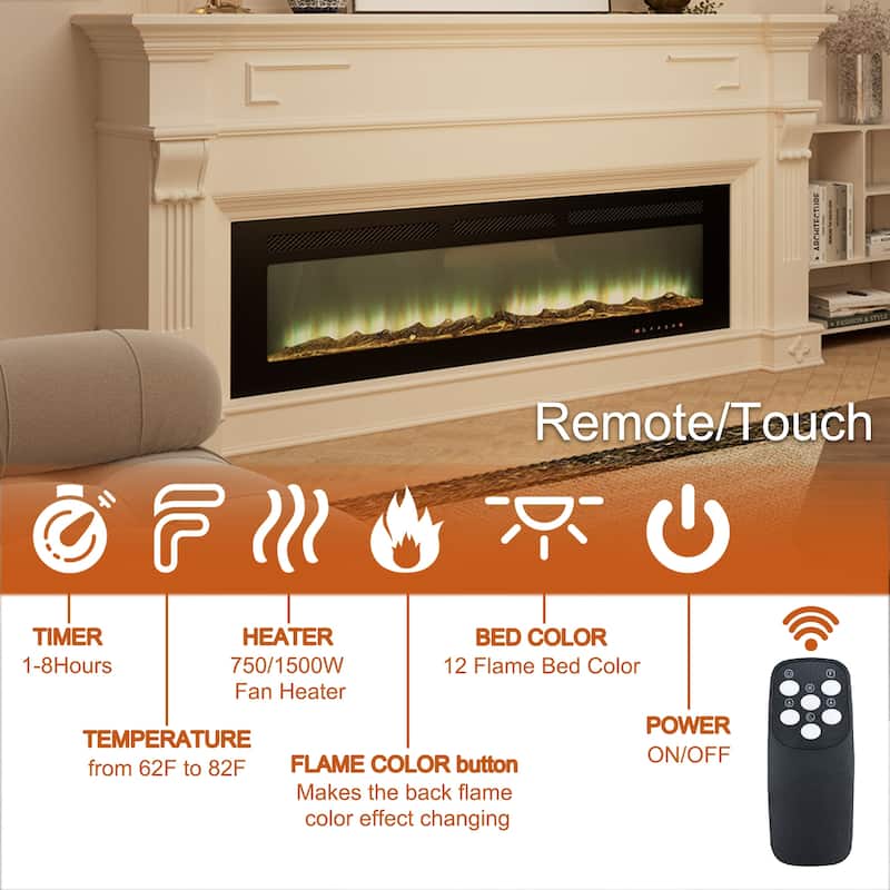 Clihome 60" Built-in and Wall-Mounted Recessed Electric Fireplace - 60 in.