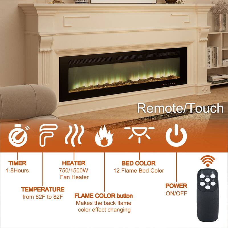 Clihome Ultra-thin Recessed Wall-Mounted Electric Fireplace