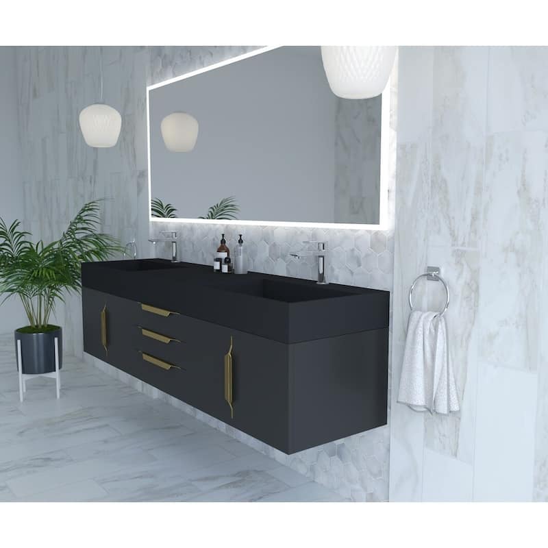 Amazon 72" Wall Mounted Bathroom Vanity Set w/ Black Top