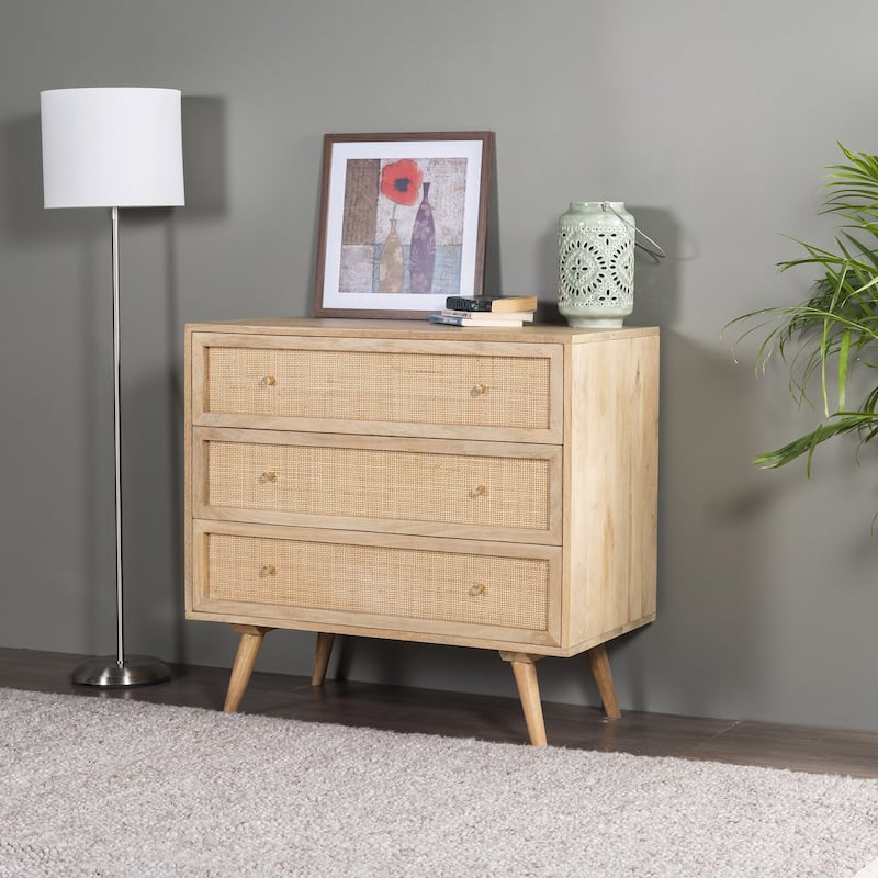 Glenda Solid Wood Three-Drawer Chest with Natural Cane