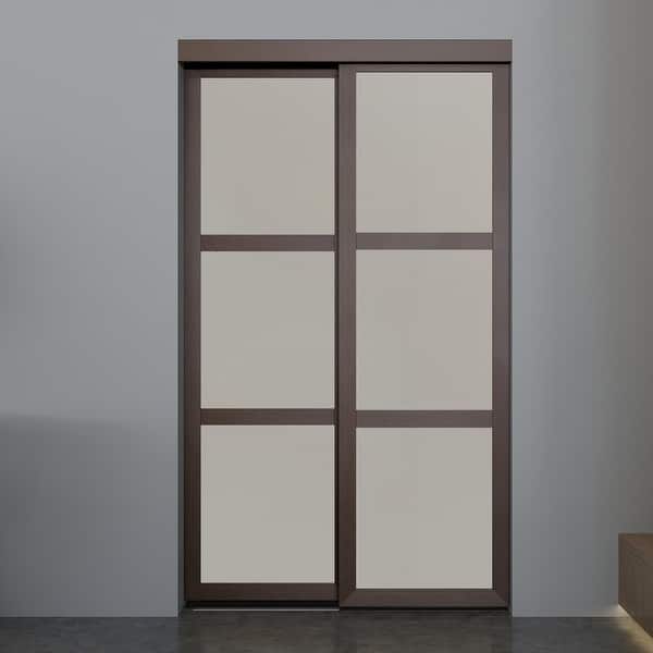 Shop 3 Lite Indoor Studio 48 In X 80 5 In Mdf With Vinyl Frame And Frosted Glass Sliding Closet Door Brown Overstock 29367353