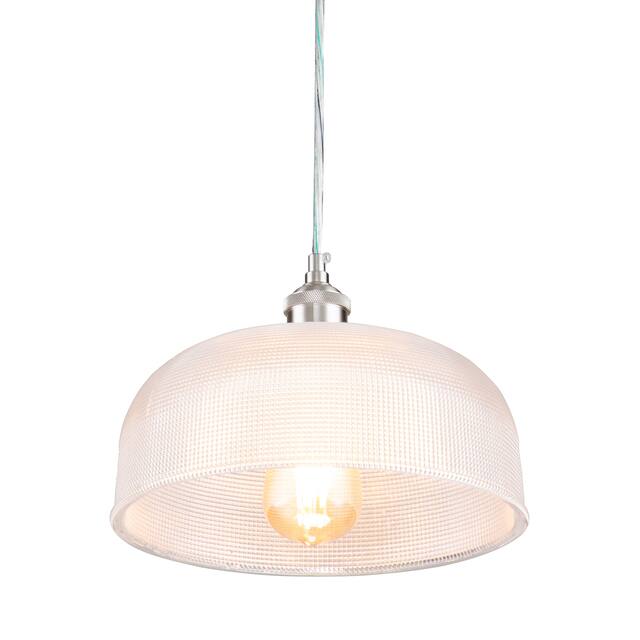 1-Light Satin Nickel Pendant Light with Ribbed Glass - D10.5 " x H7.25"