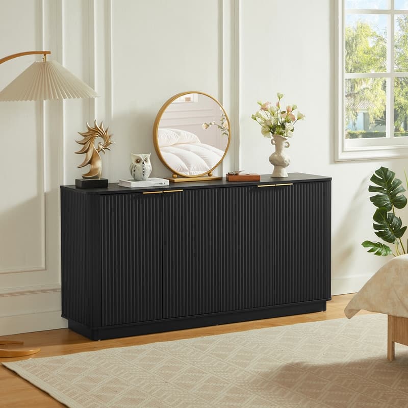 63 Inch Fluted Sideboard Buffet Cabinet with Curved Wave Design for Living Room Storage
