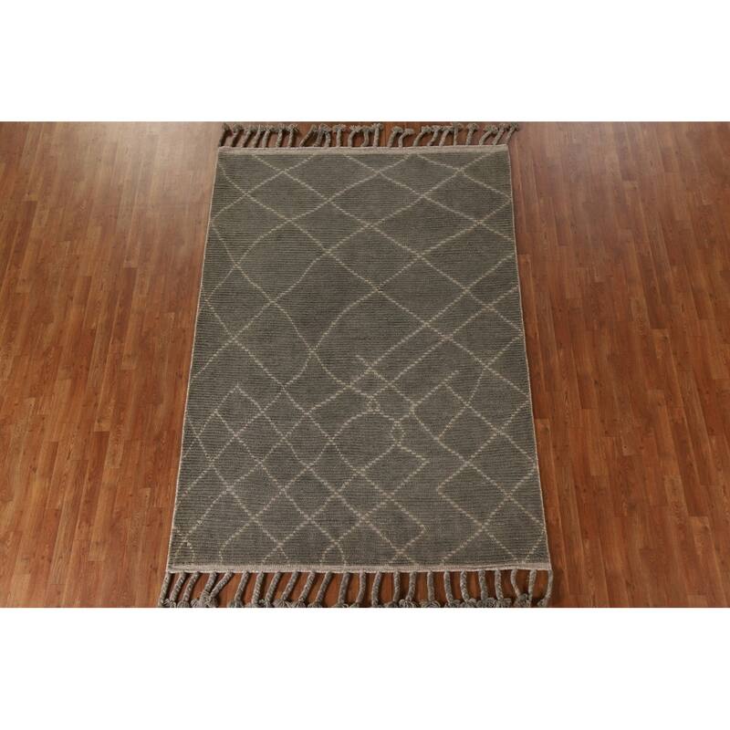 Hand Knotted Oriental 100% Wool Carpet Modern Trellis Greys & Charcoal Moroccan Area Rug - 8' 2'' X 5' 10''