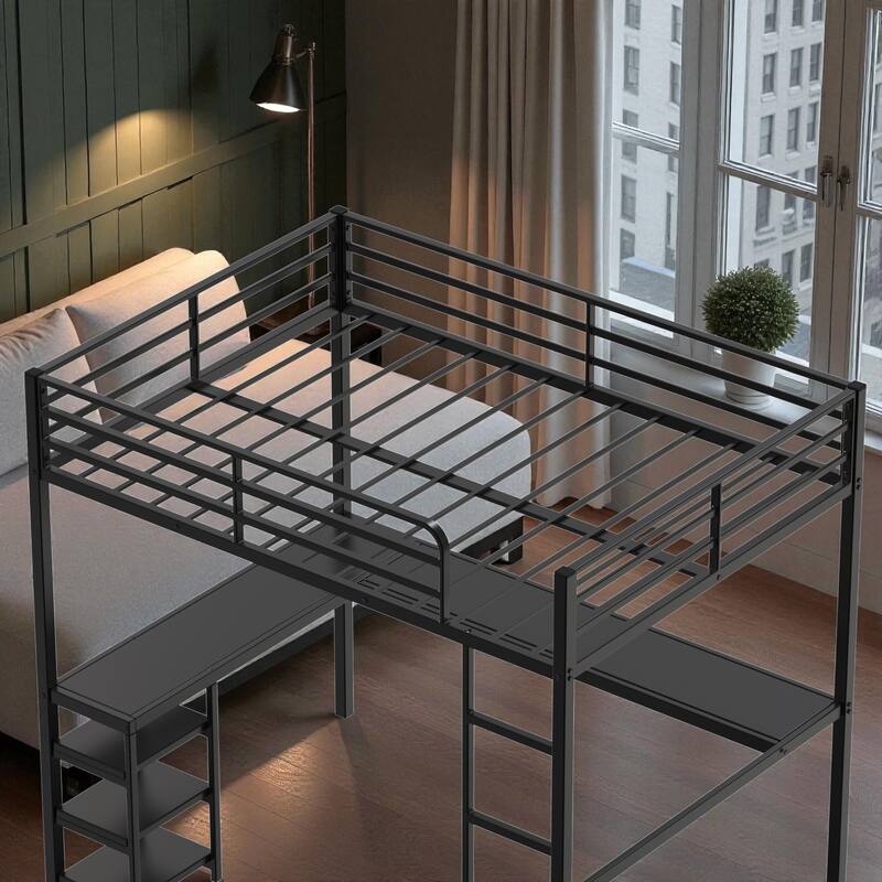 Full Size Metal Loft Bed with L-Shaped Desk & Shelves, Heavy-Duty Frame with Guardrails & Ladder, Vintage Wood Finish