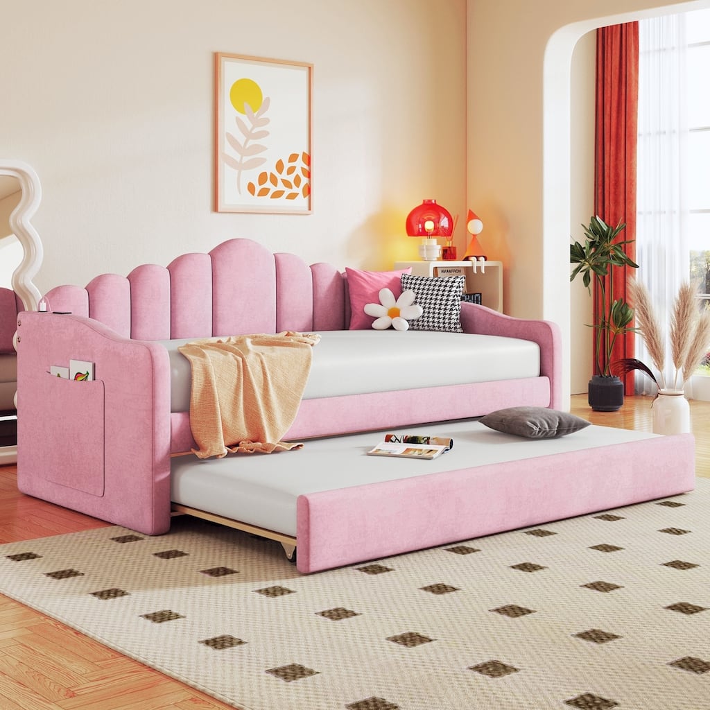 Twin size Velvet Daybed Wingback Daybed for Apartment with Retractable Trundle & USB Charging Ports, Wood Slat Support, Pink