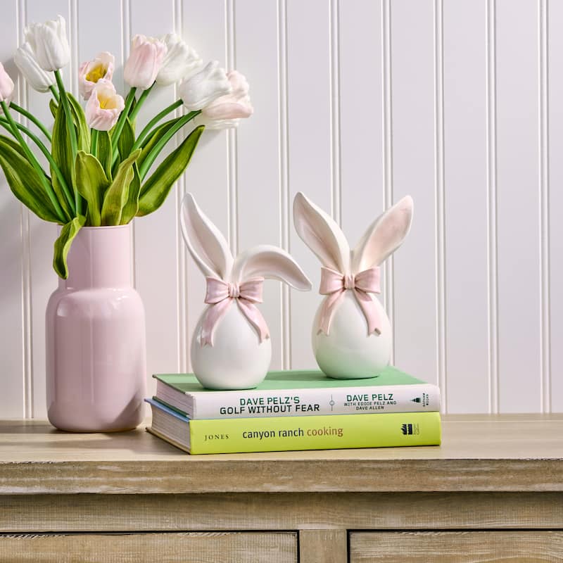 7.5" Resin Egg With Bunny Ears And Bowtie Set of 2