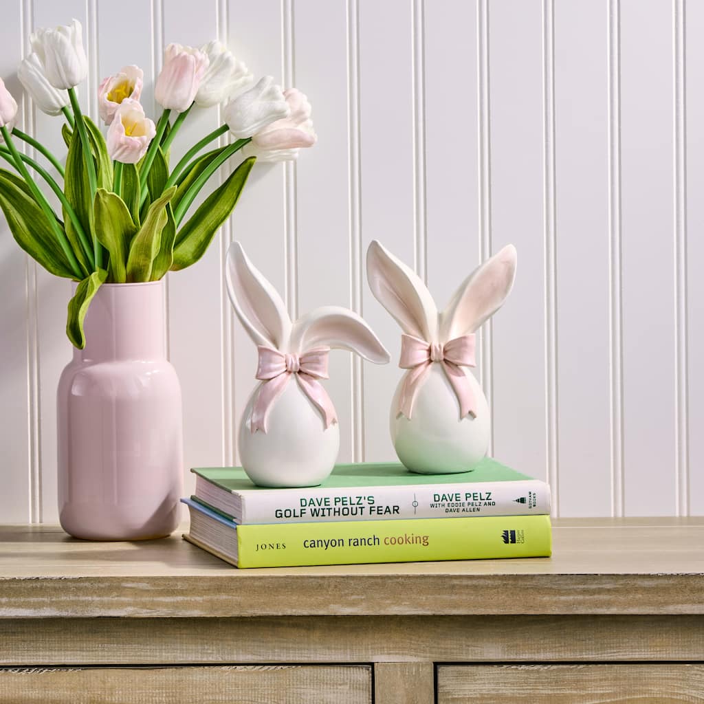 7.5" Resin Egg With Bunny Ears And Bowtie Set of 2