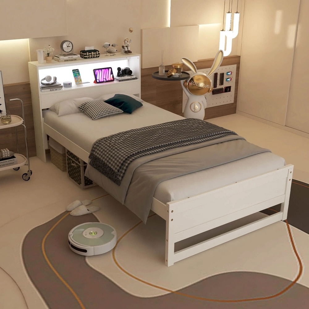 Twin Wooden Bed Frame Charging Station & LED Light Storage Headboard