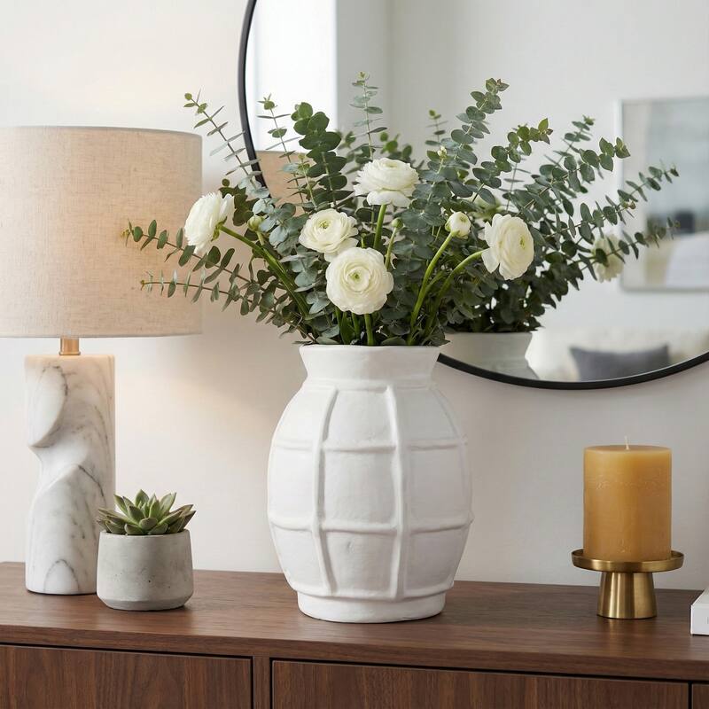 Paper Mache Raised Grid Texture Modern Vase - White, 14" - White - 13.75"