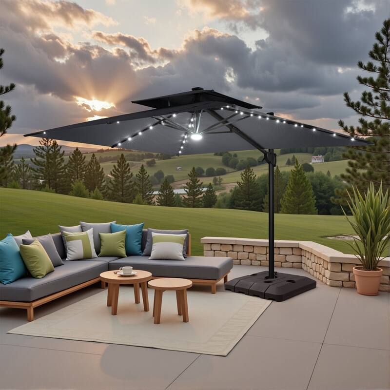 9 FT x 11 FT Outdoor Double Top LED Lighted Patio Cantilever Umbrella with Base - Dark Grey