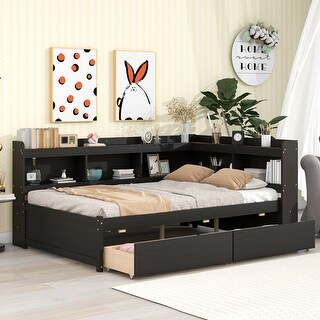 Full Bed with L-shaped Bookcases for bedroom, Drawers
