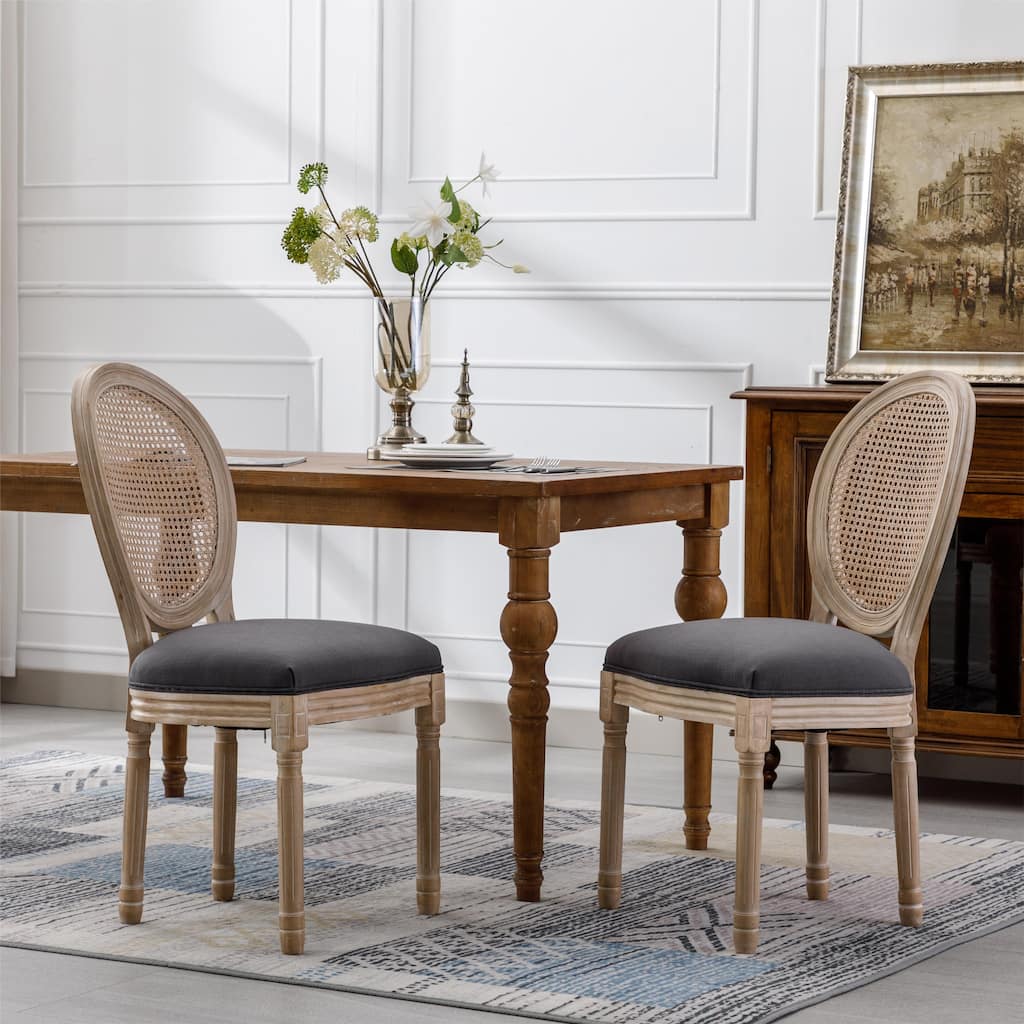 Dining Chairs Set of 2, Rattan Upholstered Vintage Farmhouse Fabric Chair, with Round Backrest and Solid Wood Legs