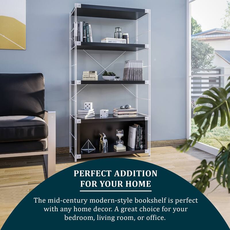 LeisureMod Brentwood 66" Tall Etagere Bookcase with White Stainless Steel Frame for Home Bedroom Living Room Office
