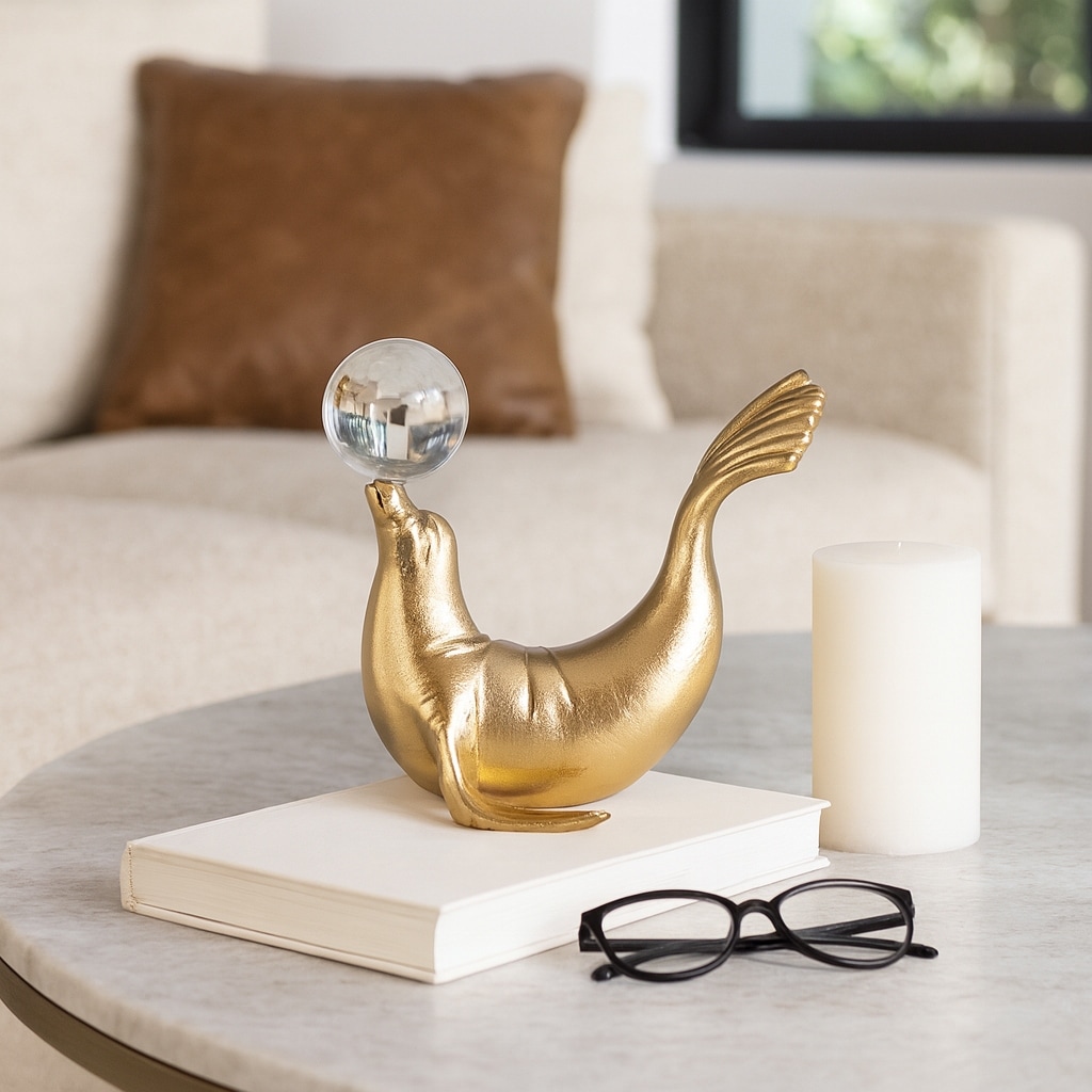 Metal Sea Lion Figurine with Acrylic Ball - Gold - 7" x 5" x 7"