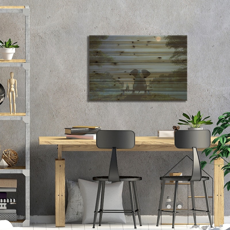 Elephant And Dog At Summer Night Print On Wood by Mike Kiev - Multi-Color