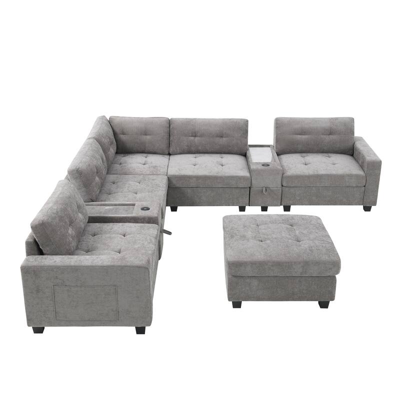 104" Chenille U-Shaped Sectional Sofa with 2 Acrylic Tables, USB Charging and Storage Ottoman