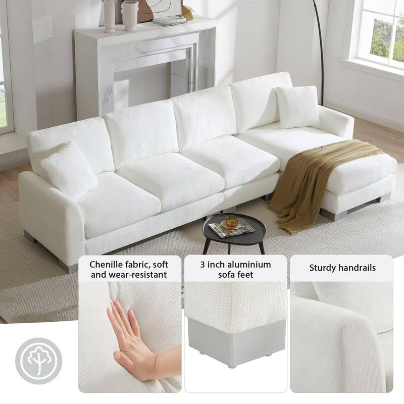 Modern Oversized Long Couch with 2 Pillows, L-shaped Sectional Sofa with with Chaise Lounge