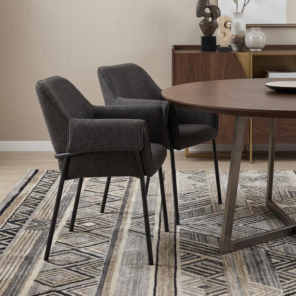 HomeRoots Set of Two Gray and Black Fabric Dining Arm Chairs - 29.50 in. x 32.50 in. x 24.50 in.