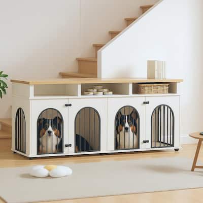 71" Double Dog Crate Furniture, with 3 Storage Shelves and 8 Adjustable Feet