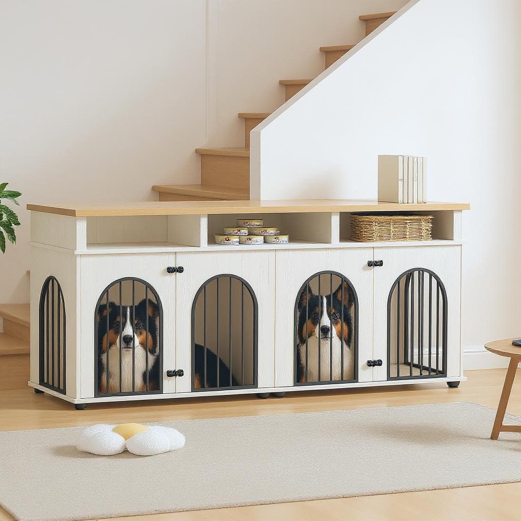 71" Double Dog Crate Furniture, with 3 Storage Shelves and 8 Adjustable Feet