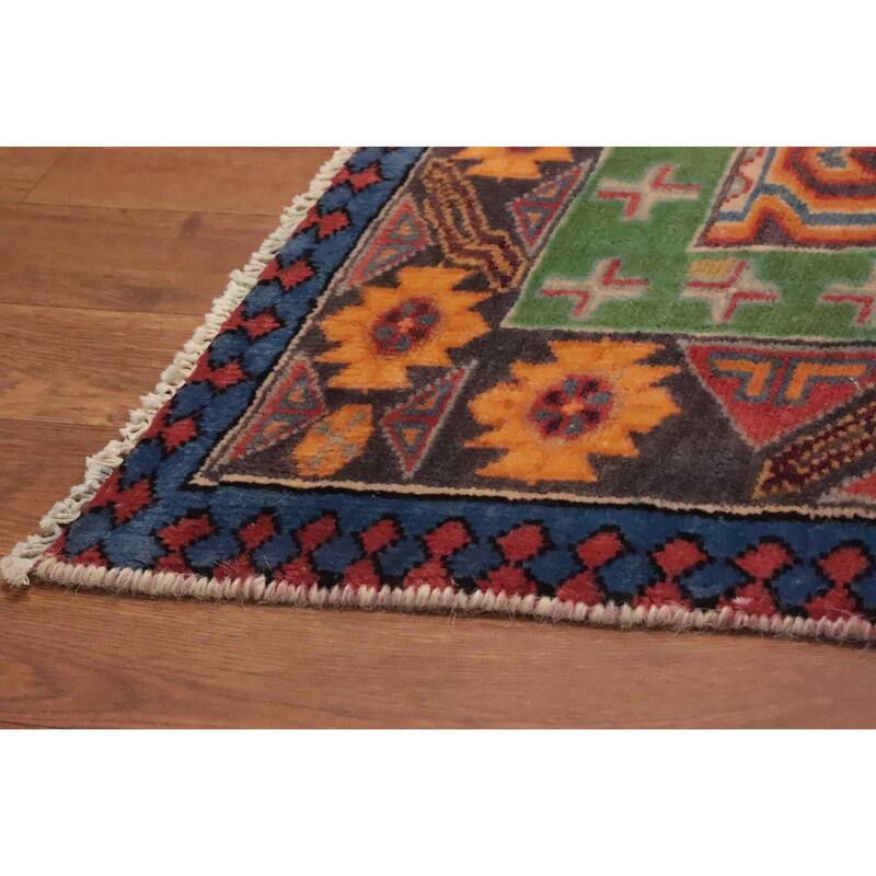 Hand Knotted Oriental 100% Wool Carpet Traditional Geometric Navy Blue & Blues Ardebil Runner Rug - 8' 9'' X 3' 9''