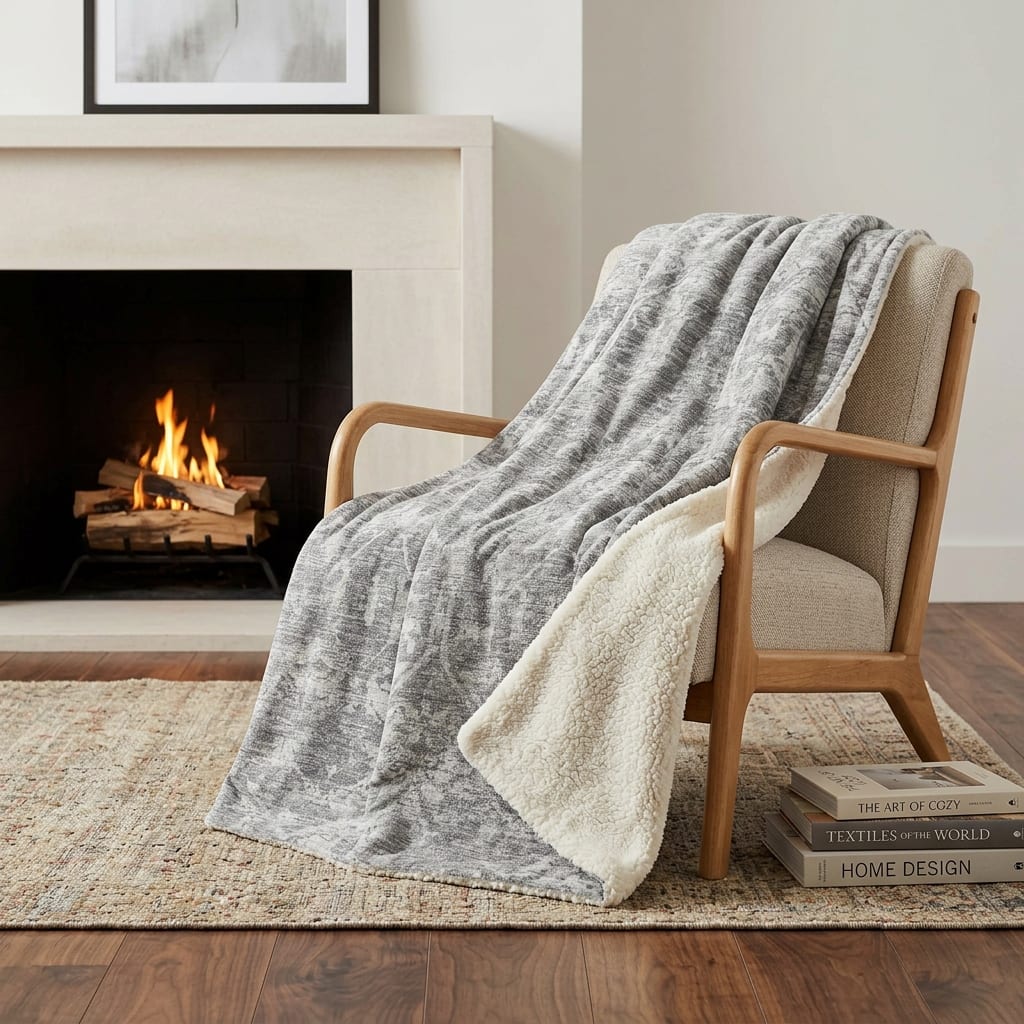 HomeRoots 50" X 70" Gray And Ivory Damask Polyester Woven Plush Throw Blanket