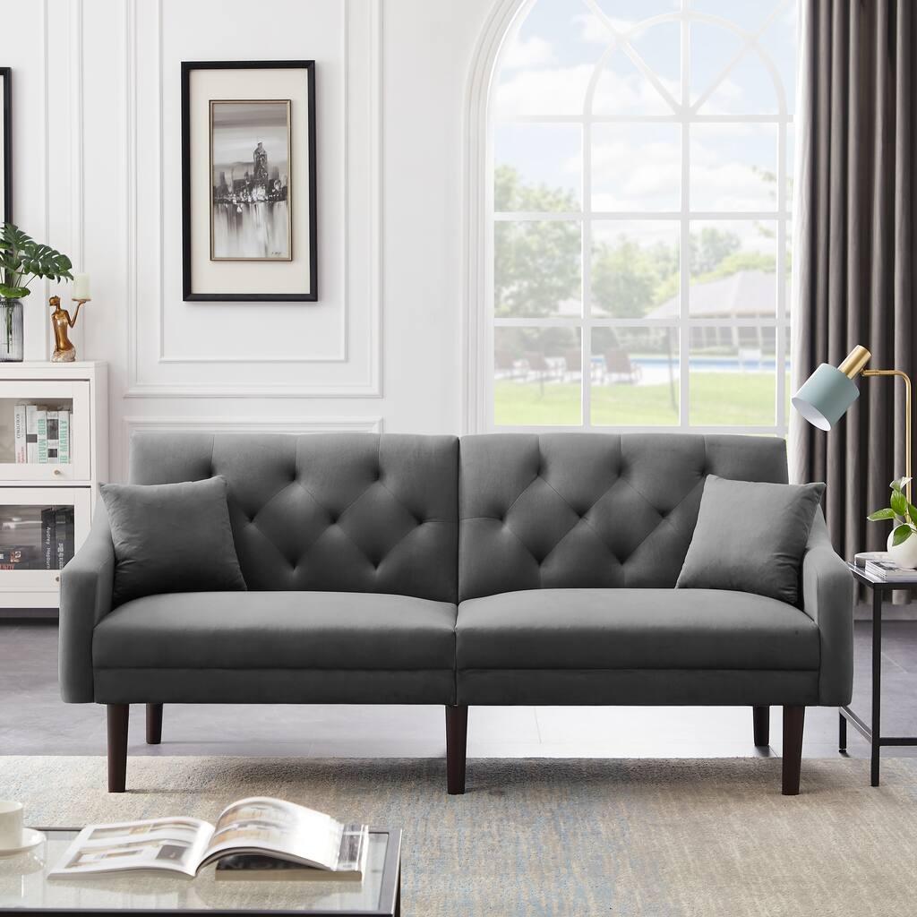 Modern Loveseat Convertible Futon Sofa Sleeper Velvet Padded, Adjustable Tilt Backrest Sofa with 2 Pillows and Wood Legs