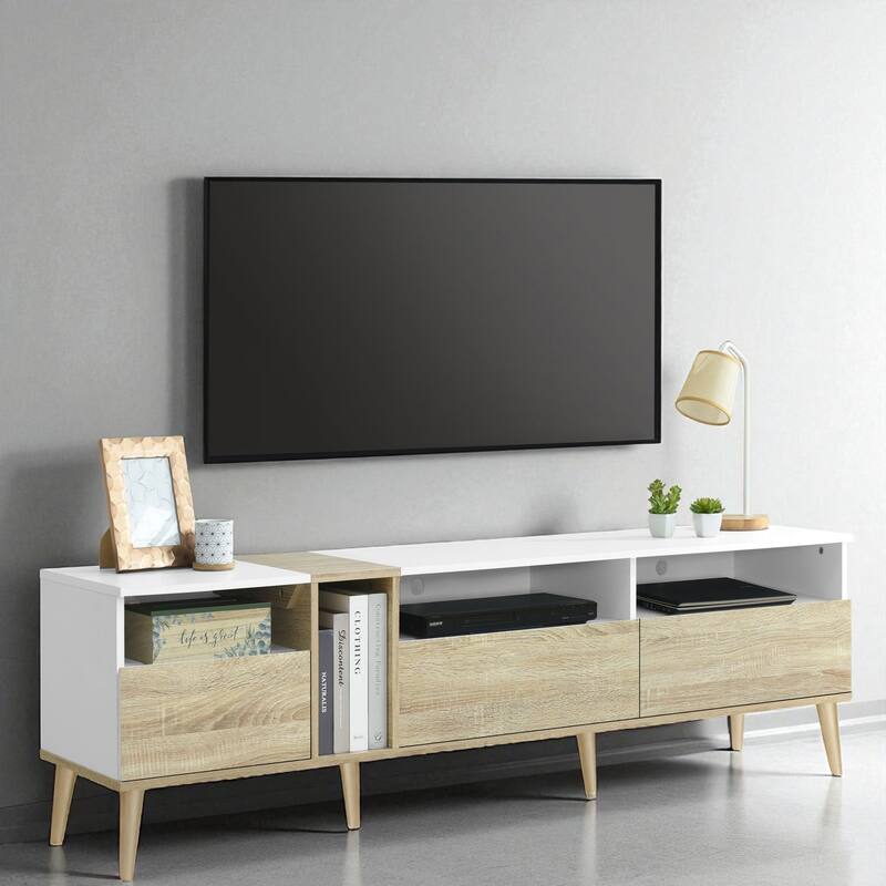 Contemporary 70" Entertainment Center with Storage, TV Cabinet for 80 Inch TV, 3 Drawers, Open Shelves, Minimalist Design