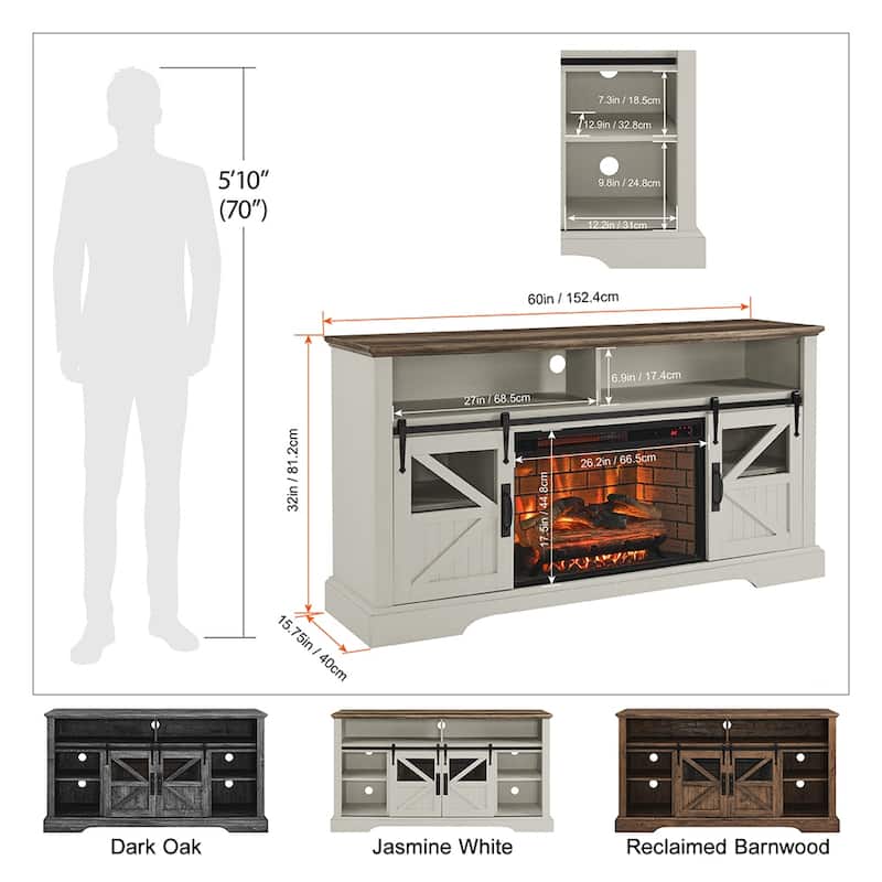 60"W Fireplace TV Stand with Sliding Barn Door, Farmhouse TV Console - 60"L x 15.75"W x 32"H