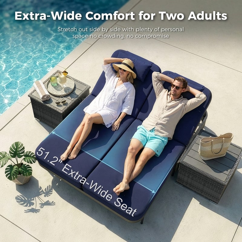 Outdoor Sectional Conversation Set PE Wicker with Double Chaise Lounge, 60,000 BTU Fire Pit Table