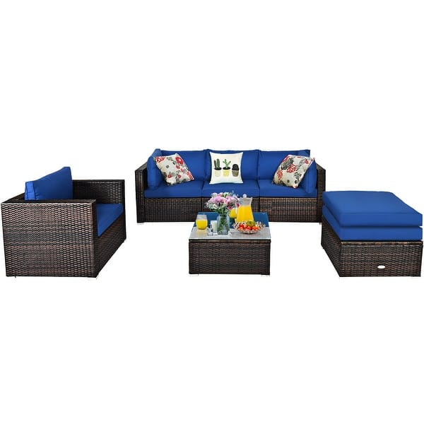Shop Black Friday Deals On Costway 6pcs Patio Rattan Furniture Set Sofa Coffee Table Ottoman Navy Overstock 31685798