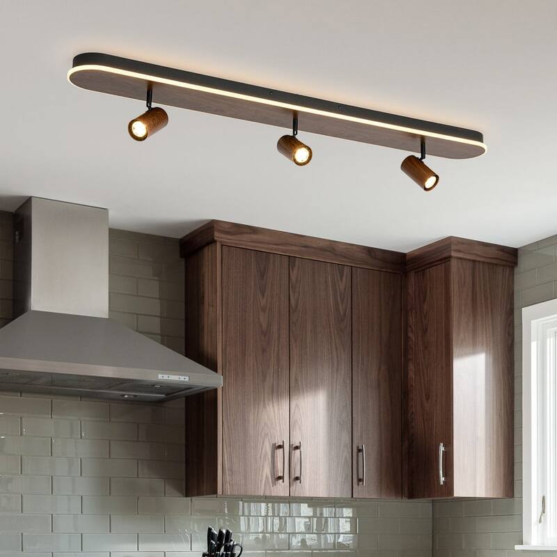 Farmhouse Wood LED Oval Linear Adjustable Spotlight Flush Mount - Walnut + Black