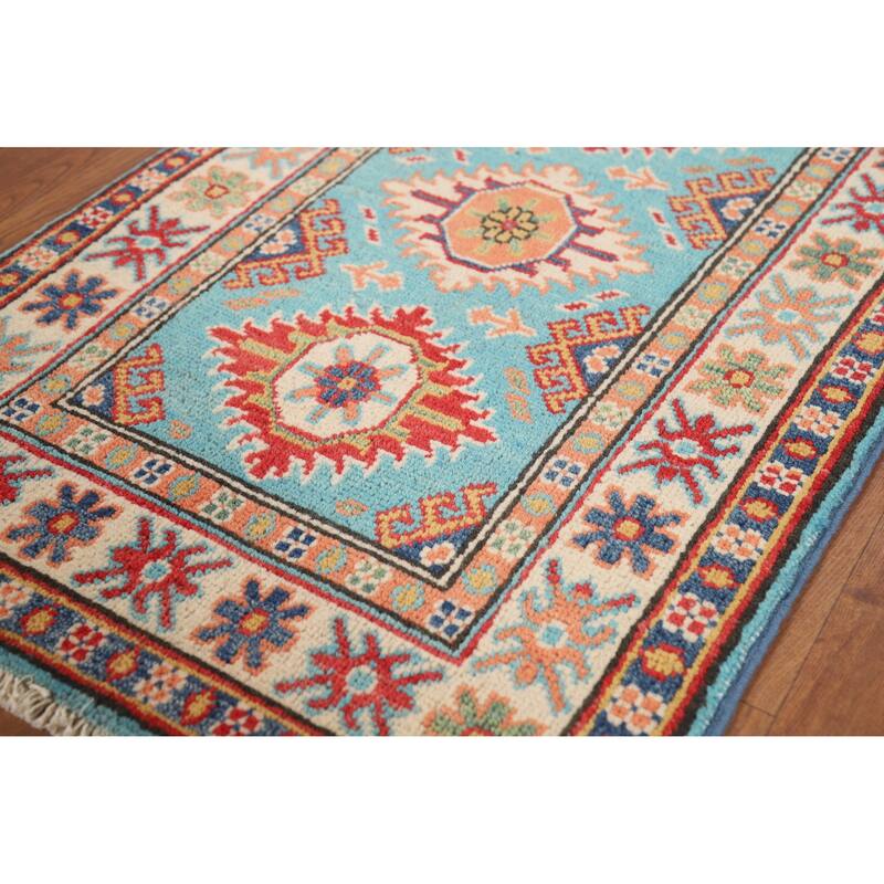 Light Blue Geometric Kazak Oriental Rug Hand-Knotted Wool Carpet - 2'0" x 3'0"