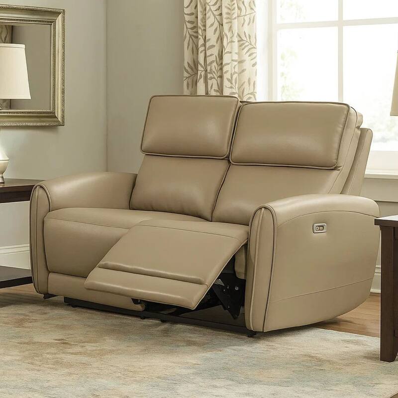 Sily Power Reclining Loveseat, Beige Faux Leather, 57 Inch, USB Ports