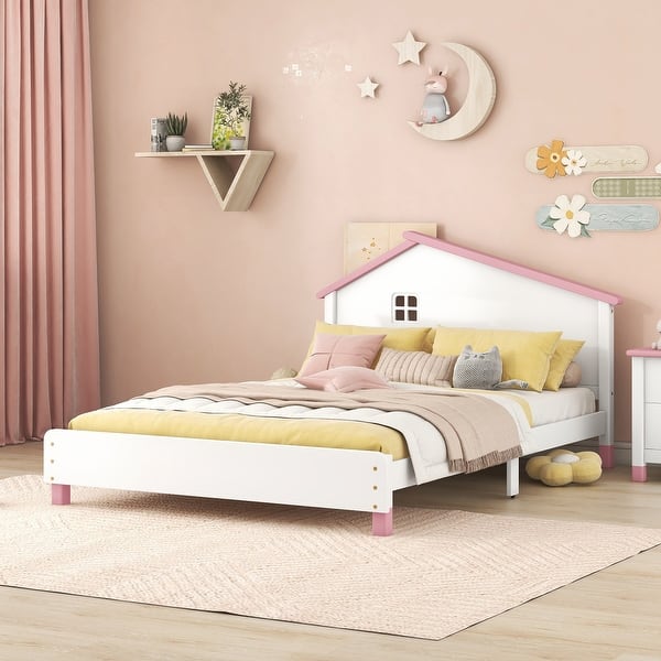slide 2 of 10, White+Pink Full Platform Bed with House-Shaped Headboard, Wooden Cute Bed Frame with Shelf, for Kids Teens, No Box Spring Needed White+Pink - Full