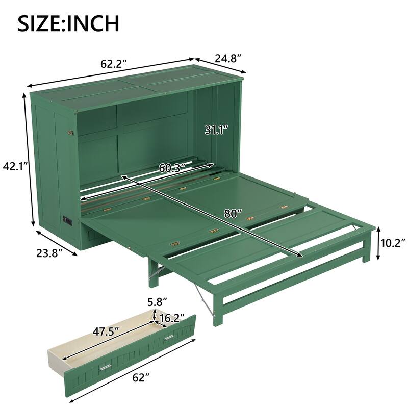Queen Size Murphy Bed with Built-In Charging Station and Large Storage Drawer, Space-Saving Design, Pine Wood Frame