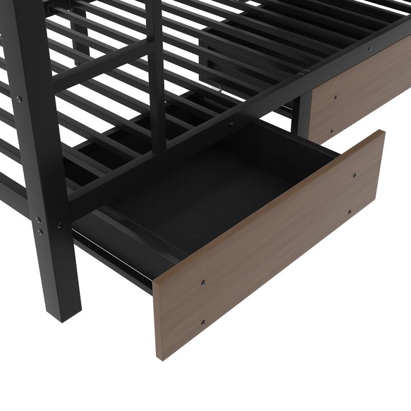 Full/Twin Metal Bunk Bed with Storage Shelves & USB Ports