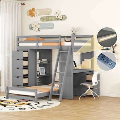 Grey Twin over Twin Solid Pine Bunk Bed with Built-in Drawers, Shelves, Desk with LED Light & USB Ports