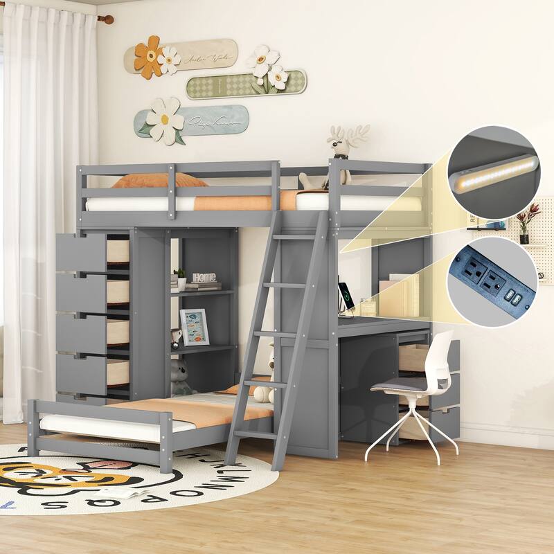 Twin Over Twin Solid Pine Bunk Bed with Drawers, Shelves, Desk with LED & USB Ports - Grey