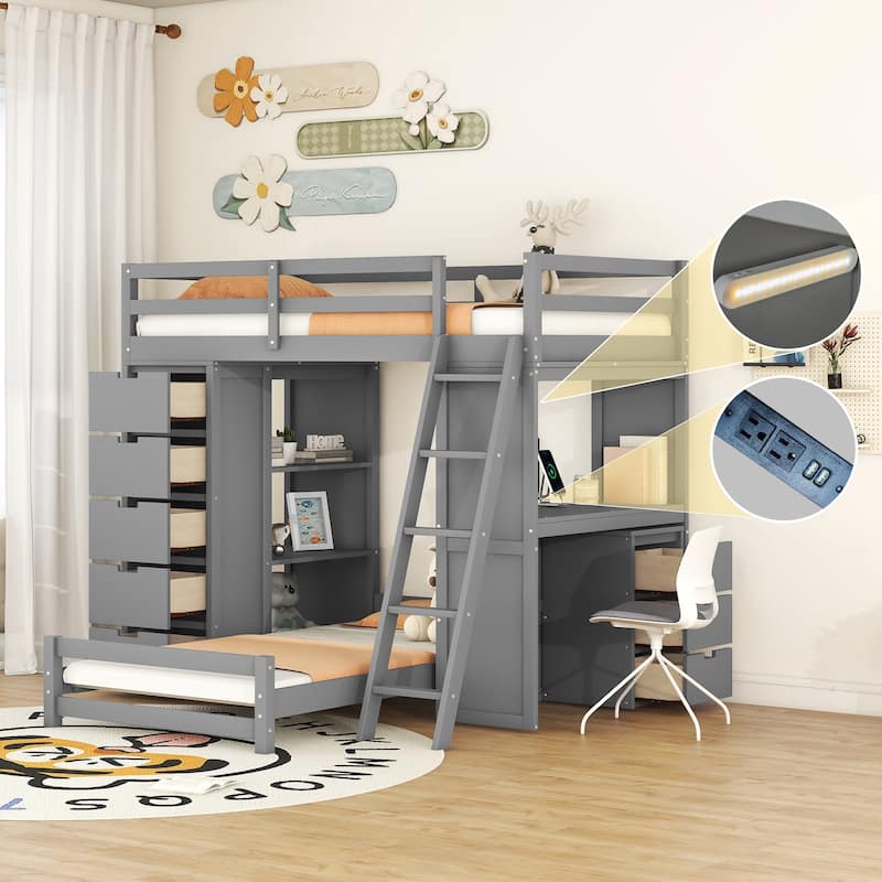 Twin over Twin Bunk Bed with LED Light and USB Ports, White